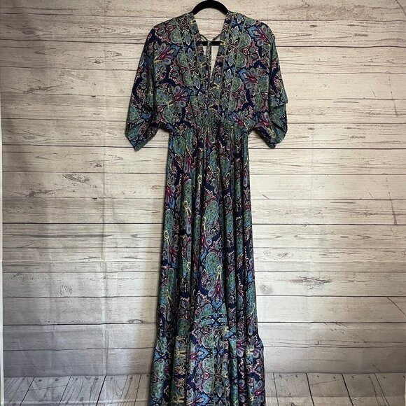Indian Silk Maxi Dress with Kimono Sleeves, Size Medium - Picture 8 of 12